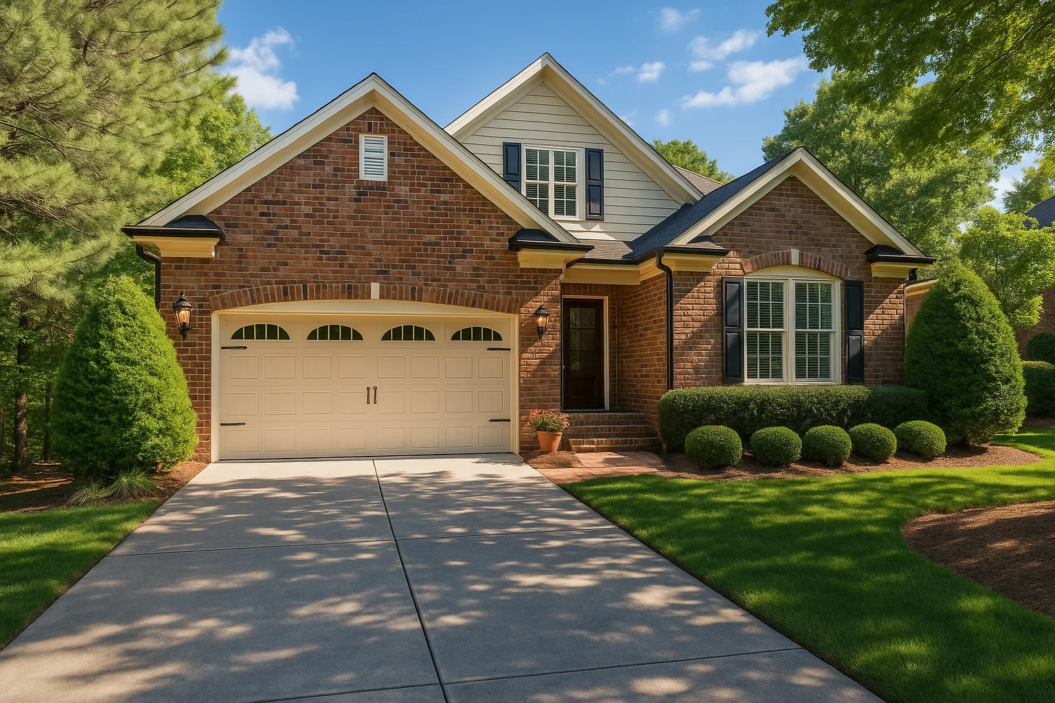 Traditional brick Craftsman-style home exterior with gabled roof, arched garage door, and manicured landscaping