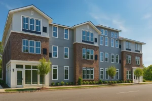 Modern Apartment Complex House Plan with Balconies and CAD Blueprints