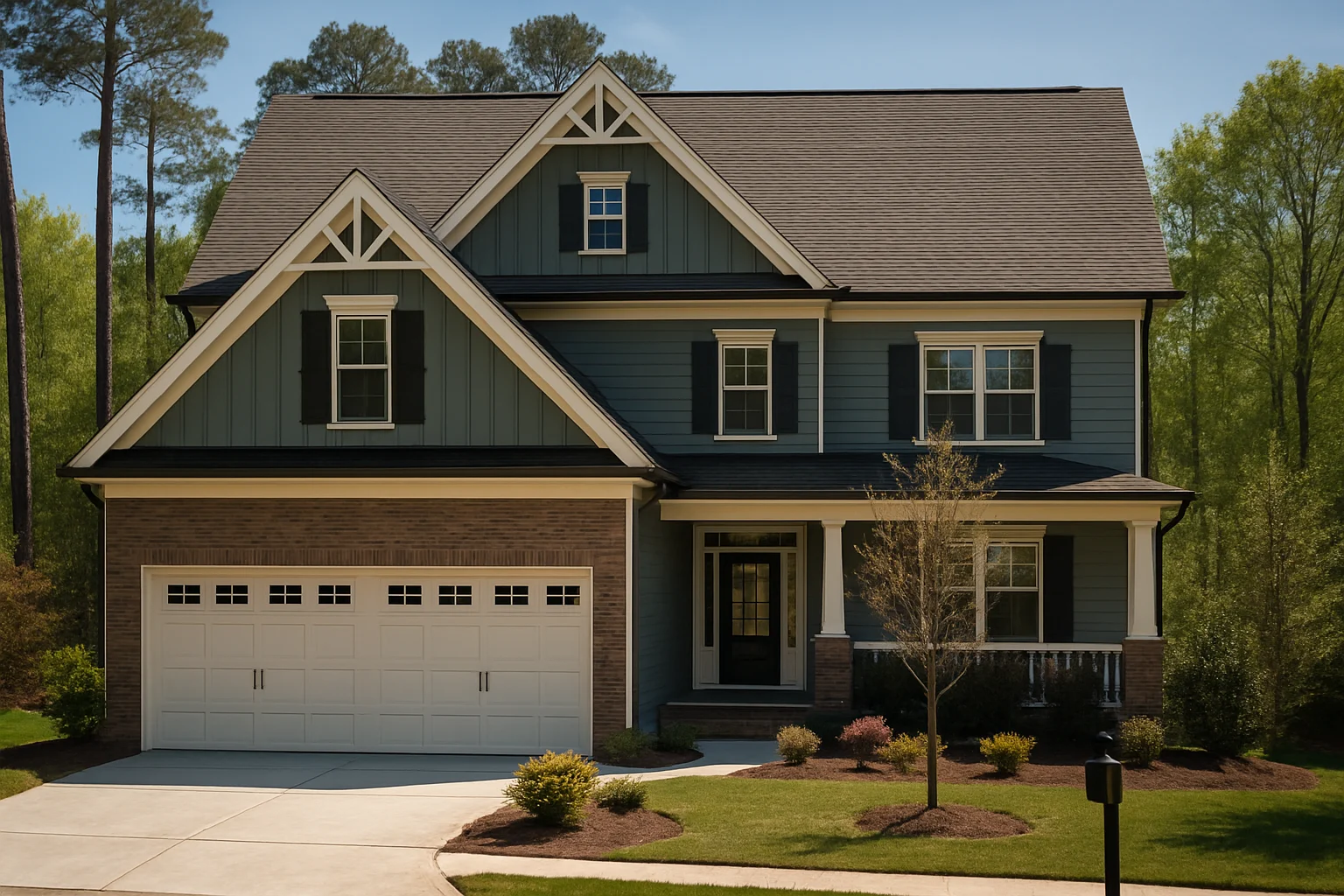 Front elevation of Traditional suburban home with brick veneer, lap siding, gabled roof, and two-car garage