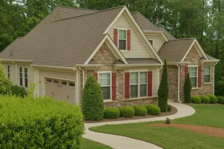 Craftsman cottage-style home with stone accents, red shutters, and front porch seating surrounded by lush landscaping.
