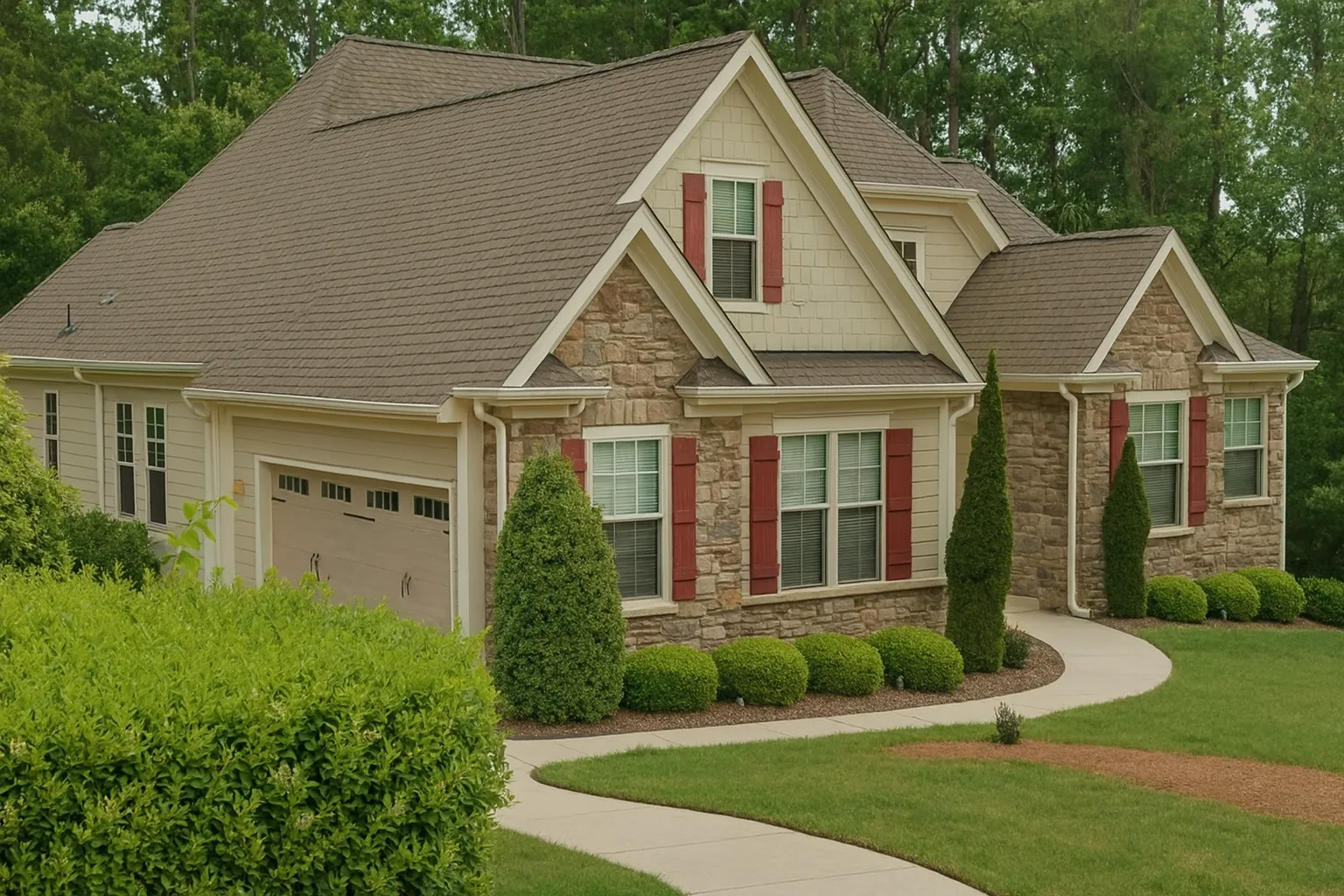 Craftsman cottage-style home with stone accents, red shutters, and front porch seating surrounded by lush landscaping.