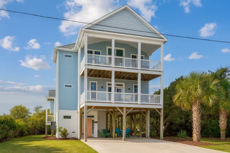Front view of elevated three-story beach house with coastal siding, stacked covered porches, balcony railings, and ground-level parking