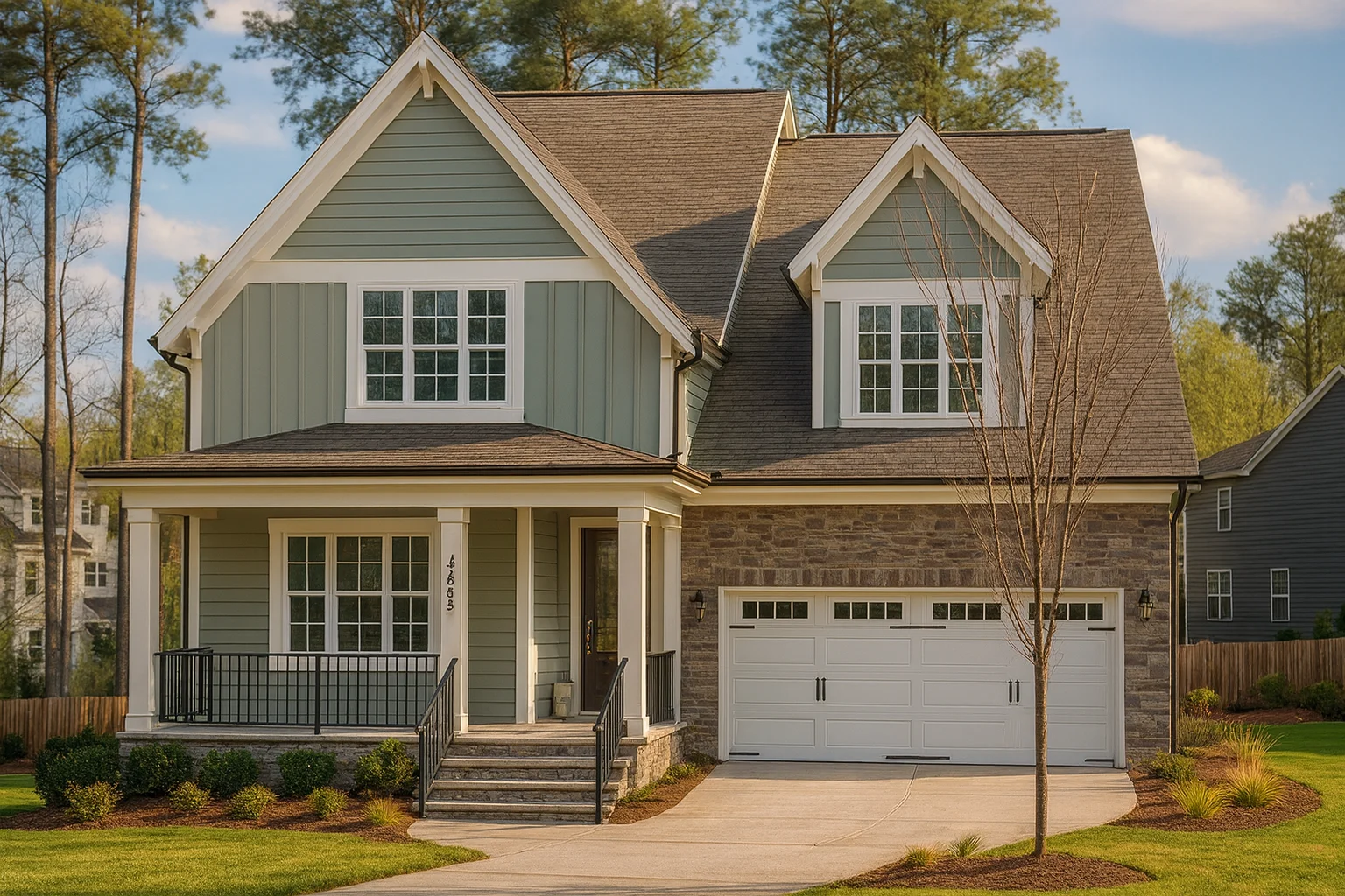 Front elevation of New American Modern Traditional home with horizontal lap siding, gabled rooflines, covered porch, and attached two-car garage