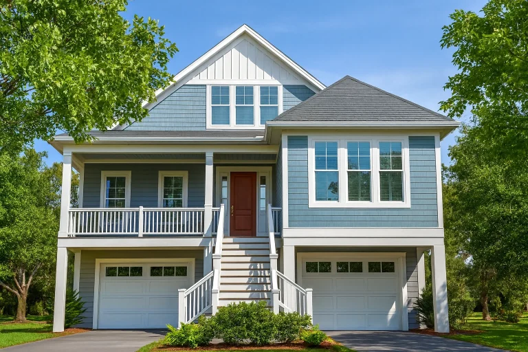Front elevation of a Coastal Low Country style home with raised foundation, horizontal siding, covered porch, and dual garages