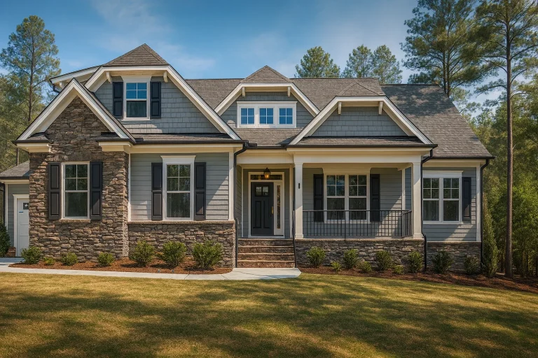 Front elevation of a New American Modern Traditional house with stone base, shingle siding, gabled rooflines, and covered front porch