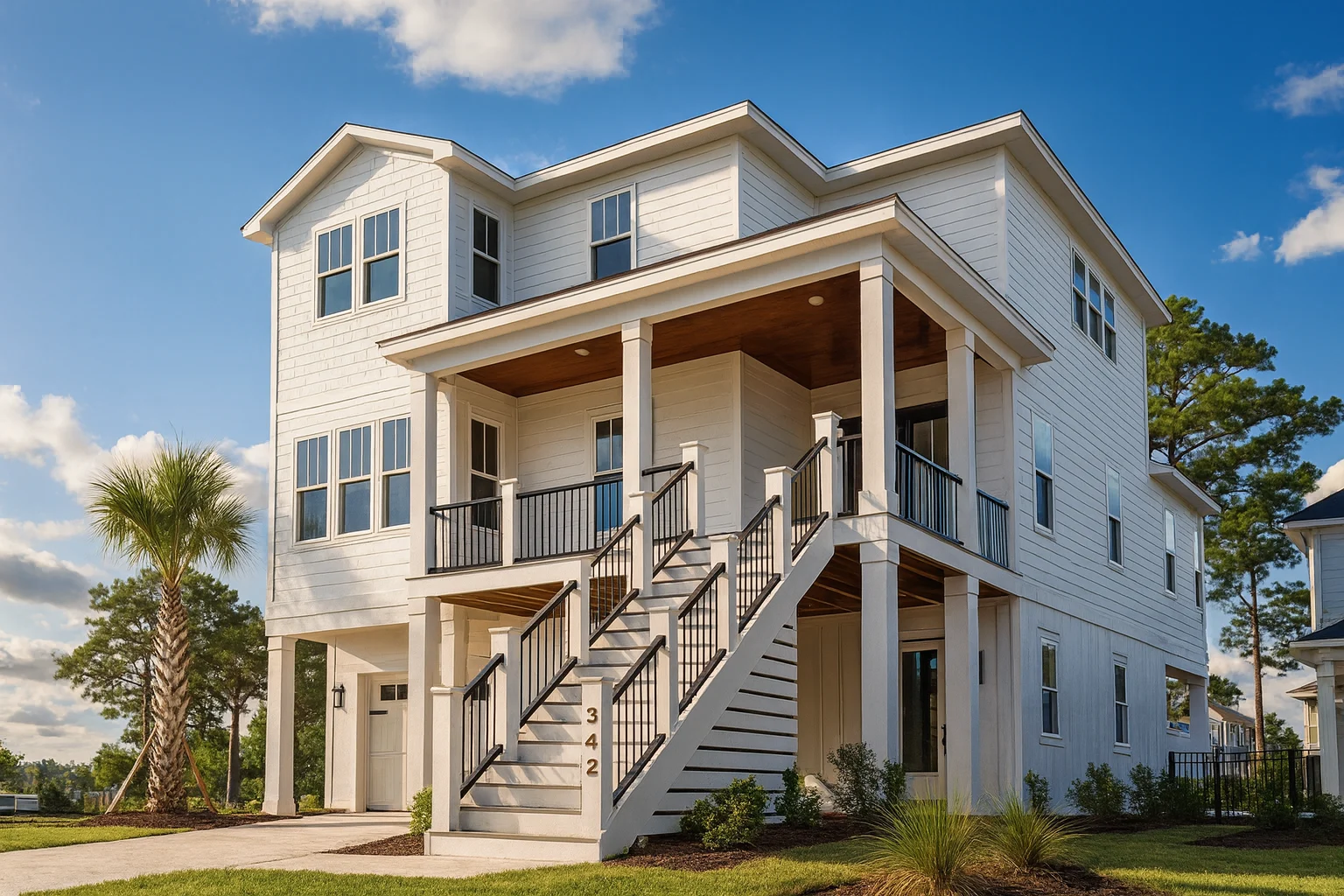 Front elevation of a Coastal Traditional style house with covered porches, balcony, siding exterior, and welcoming coastal details