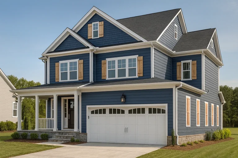Front elevation of a New American style home with coastal traditional influence, blue horizontal siding, white trim, and covered front porch