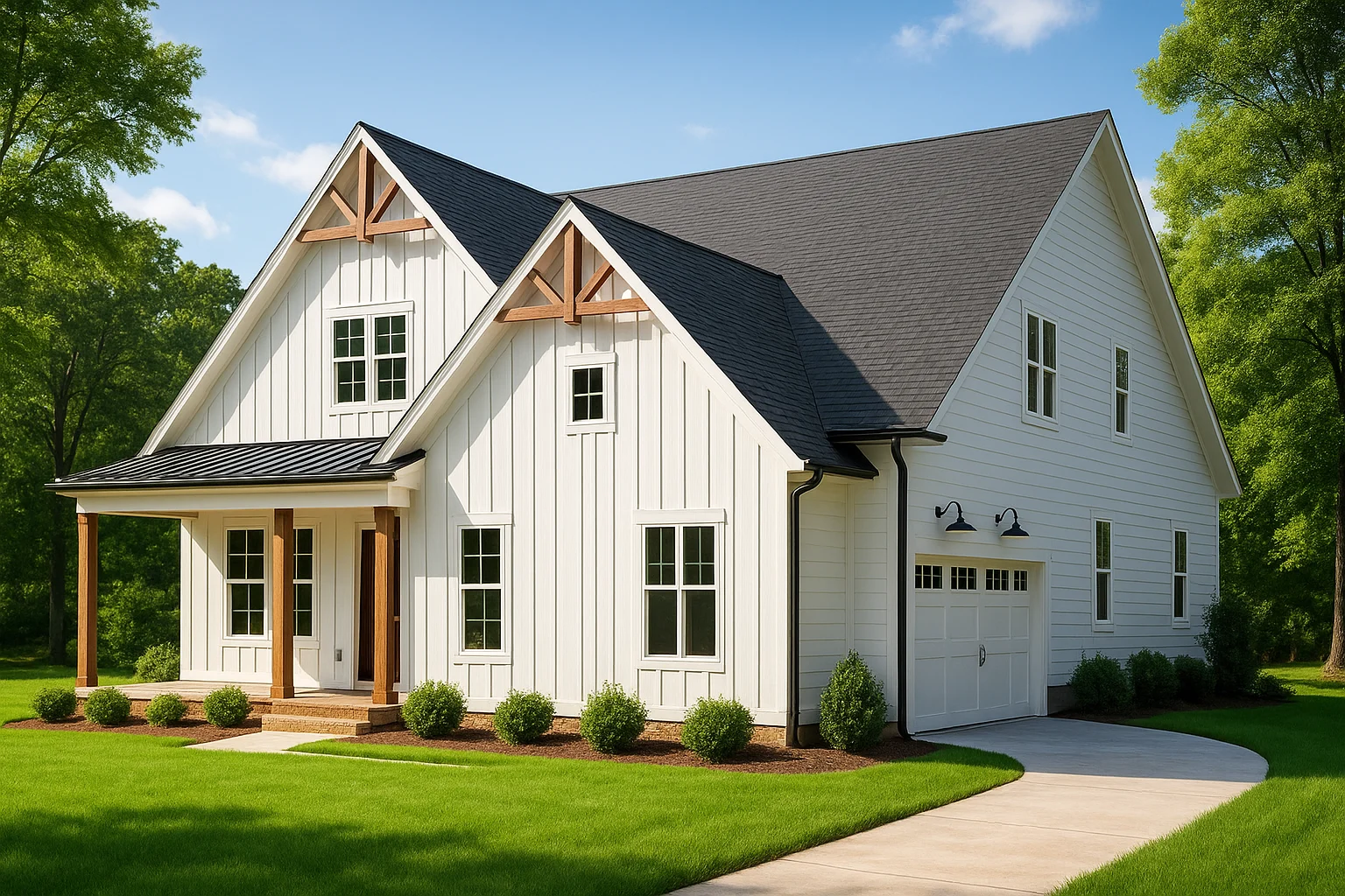 Front elevation of a modern farmhouse style home with white board and batten siding, black roof, timber gable accents, and attached garage