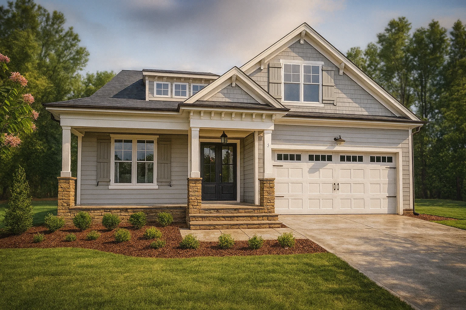 Front elevation of Craftsman ranch home with horizontal lap siding, stone base columns, gabled roof, and attached two-car garage