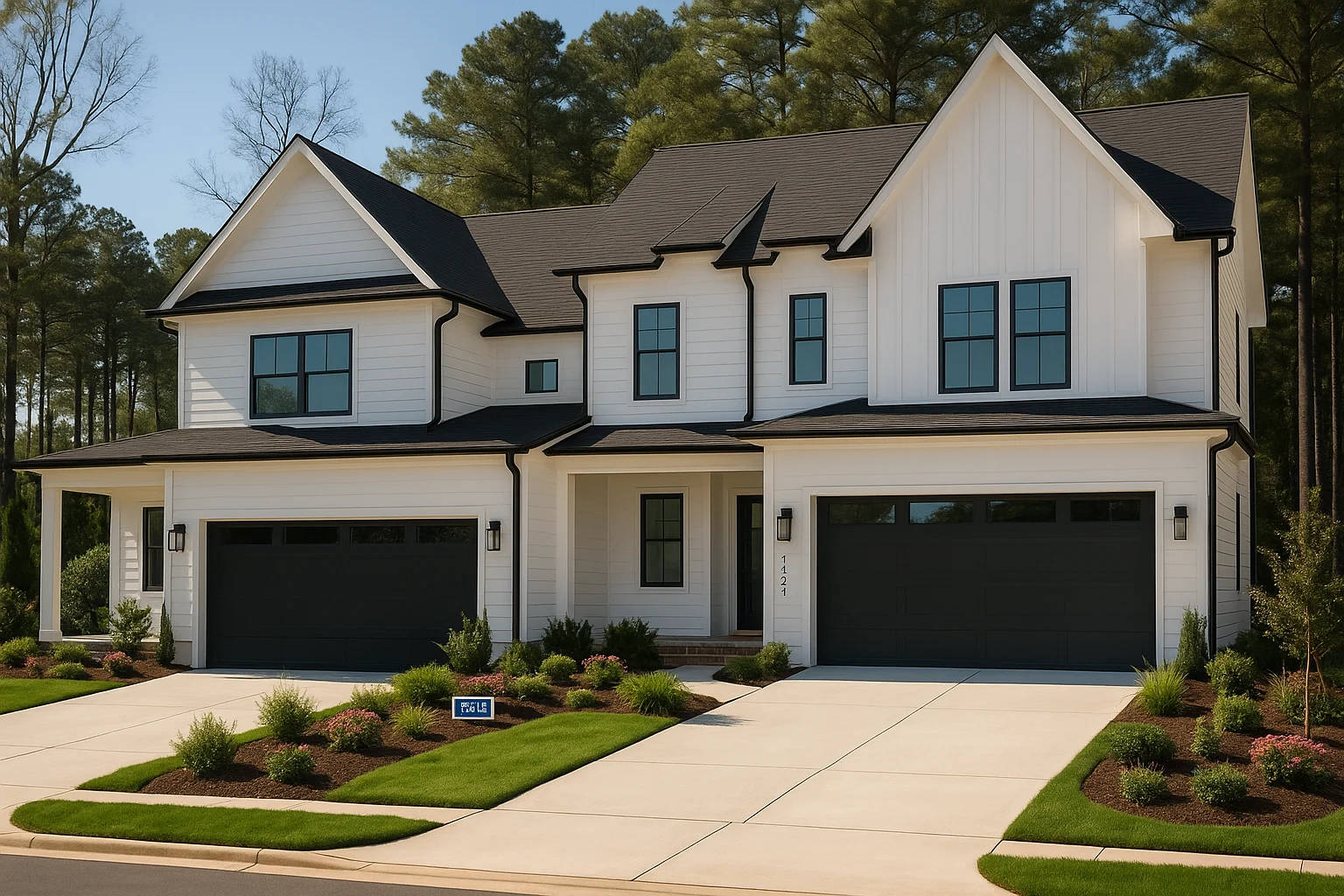 Front elevation of a modern farmhouse style home with white board-and-batten siding, black windows, twin garages, and a covered porch