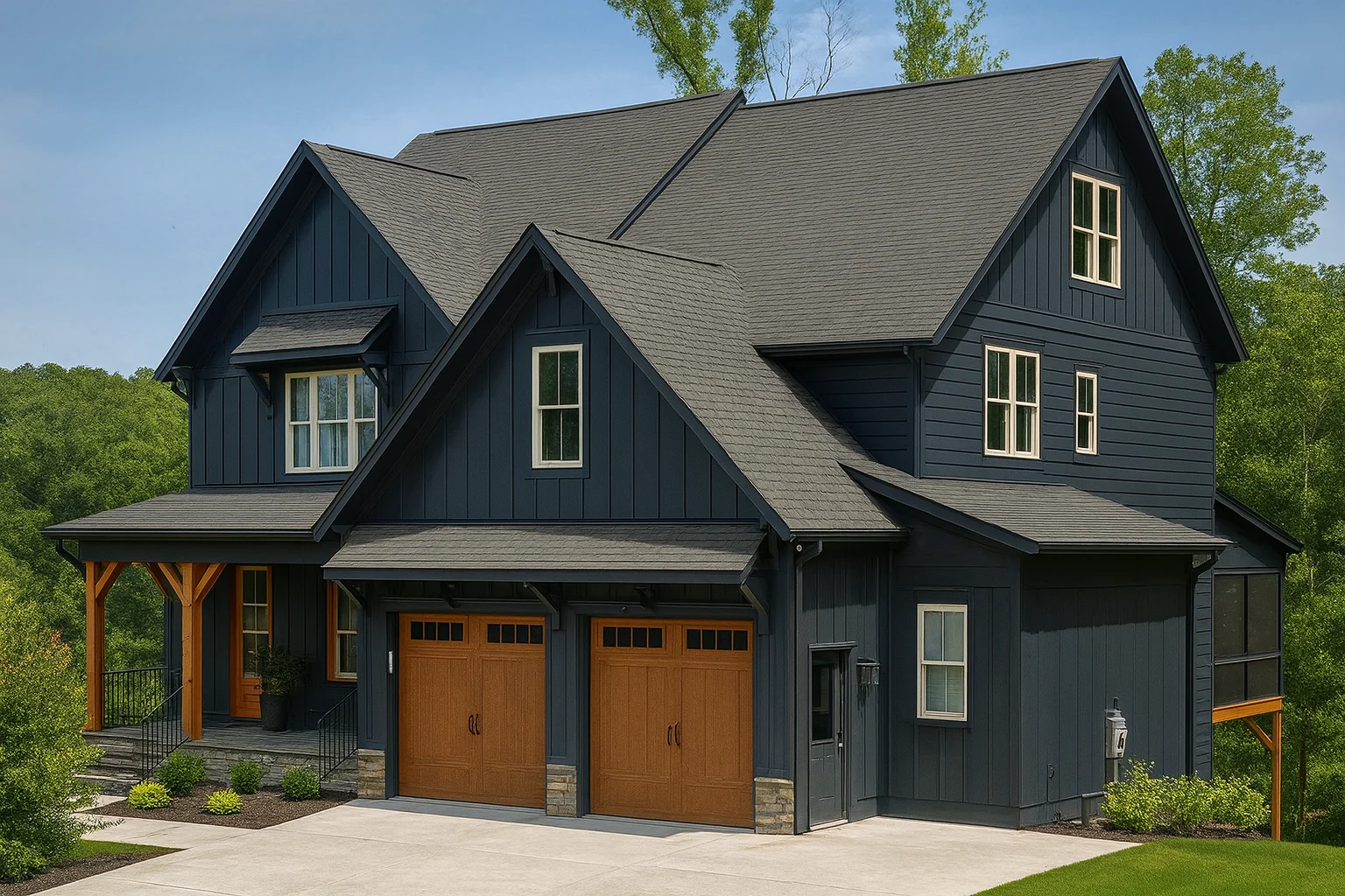 Front elevation of a two-story Modern Craftsman house with board and batten siding, stone accents, and double wood garage doors