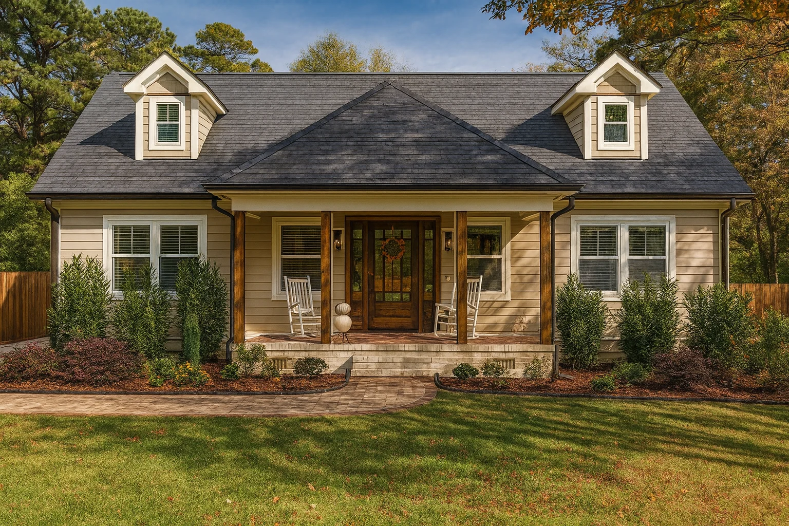 Front elevation of Cape Cod cottage style home with lap siding, symmetrical dormers, and covered front porch