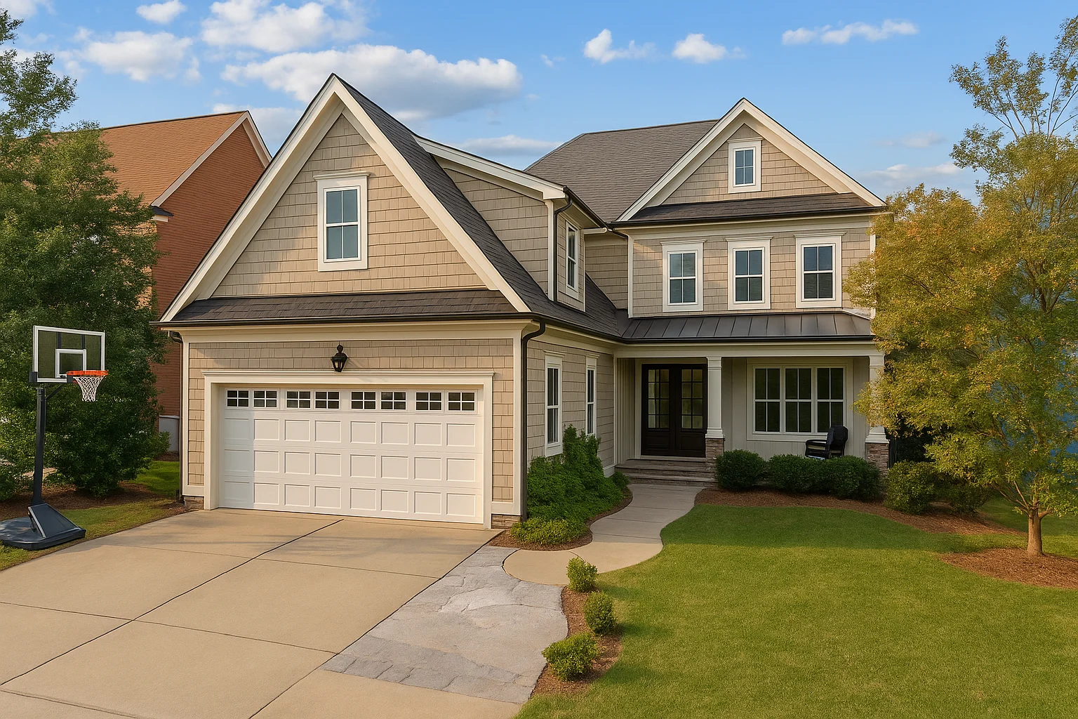 Front exterior of Shingle Style Coastal Traditional home with shingle siding, gabled rooflines, and inviting front entry