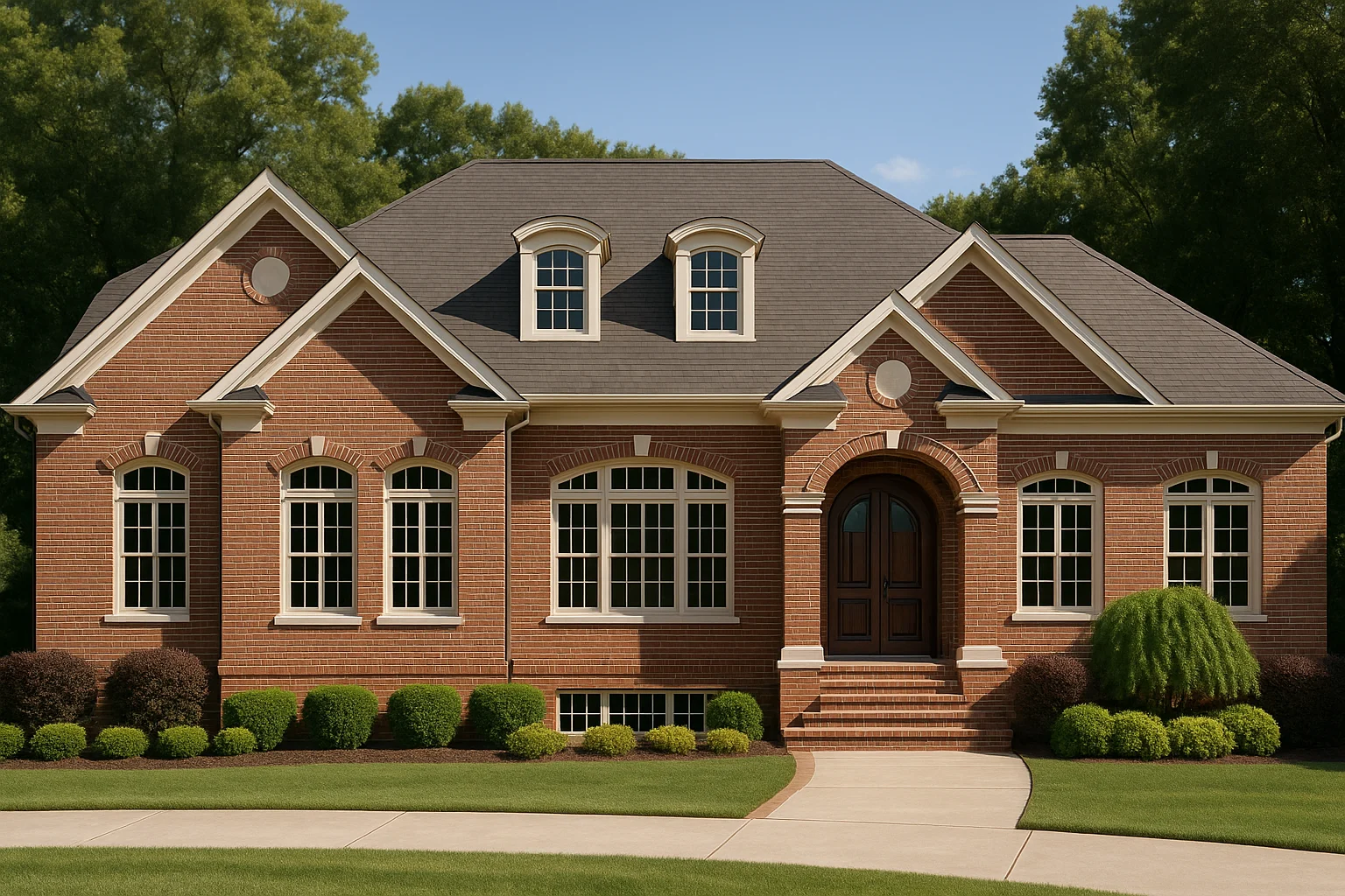 Front exterior view of a traditional Georgian Colonial brick home with symmetrical windows, dormers, and arched entry