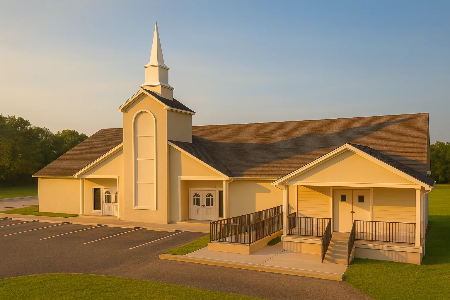 Front elevation of a Traditional Colonial Revival style clubhouse with horizontal siding, gabled rooflines, steeple tower, and accessible entry ramps