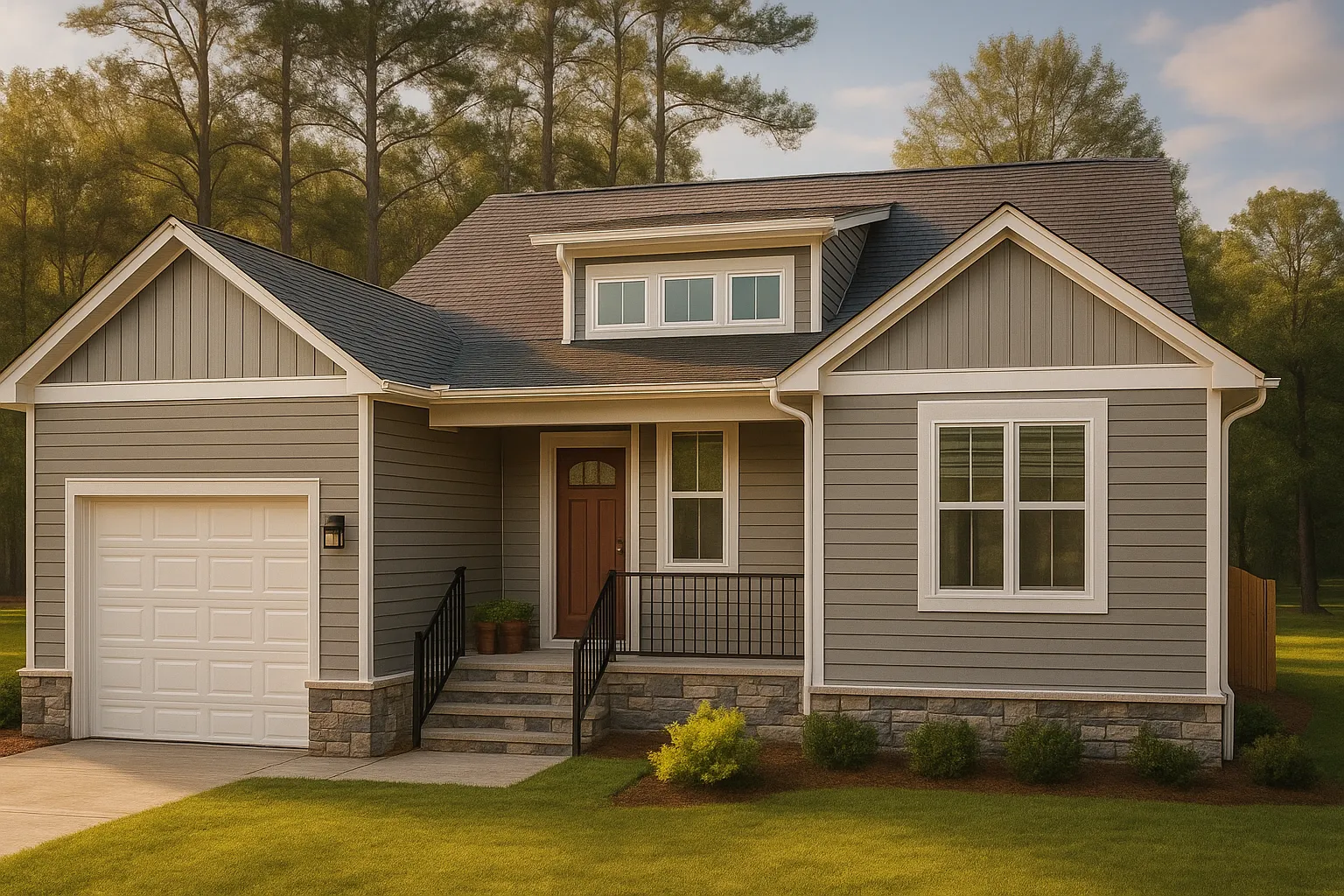 Front elevation of a Traditional Craftsman suburban home featuring horizontal siding, board-and-batten gables, and stone foundation accents