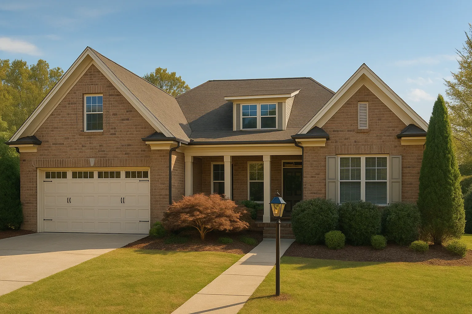 Front elevation of a Traditional Craftsman Ranch style home with brick exterior, white trim, dormer windows, and covered front porch entry