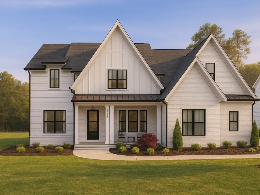Front view of Modern Farmhouse style home featuring white painted brick, board and batten siding, black metal roofing accents, and dark window frames surrounded by manicured landscaping