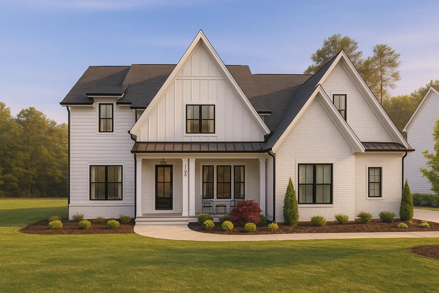 House Plans with Basement Bedrooms 2 Front view of Modern Farmhouse style home featuring white painted brick, board and batten siding, black metal roofing accents, and dark window frames surrounded by manicured landscaping