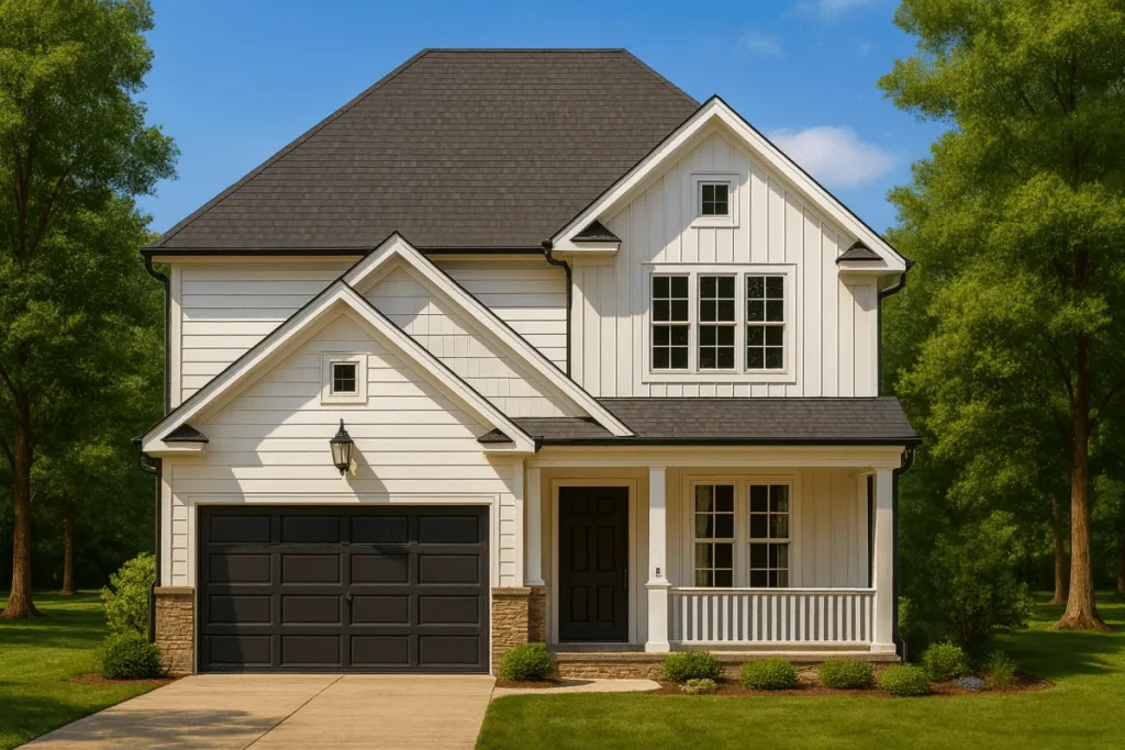 Front elevation of Modern Farmhouse Colonial Revival home with horizontal siding, board and batten gables, stone accents, covered porch, and two-car garage