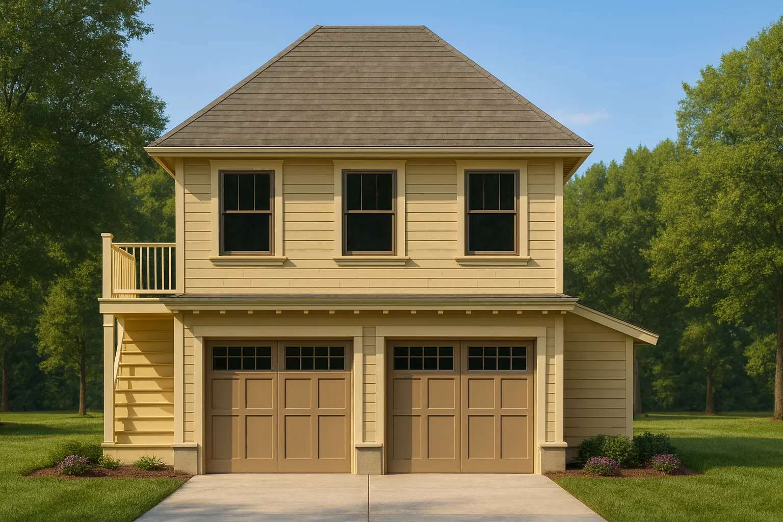 Front elevation of a Colonial-style carriage house garage apartment with horizontal lap siding, twin garage doors, and upper-level living space