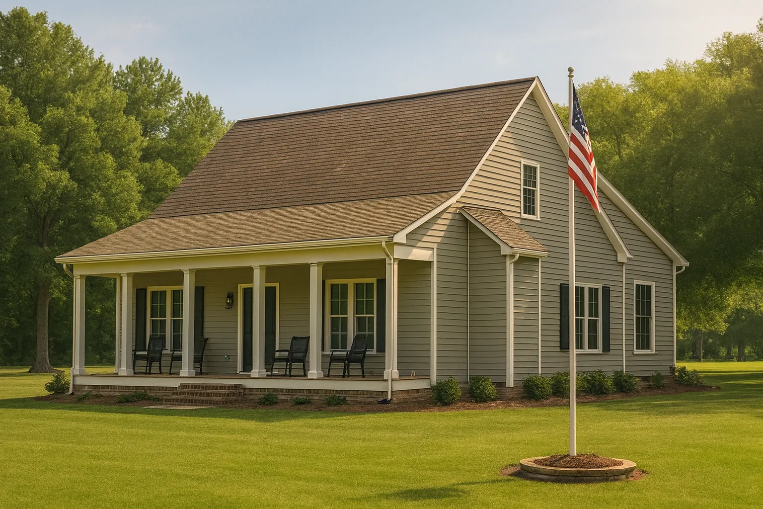 Front exterior view of a Southern Farmhouse style home with horizontal lap siding, wide covered porch, simple gable roof, and traditional rural setting