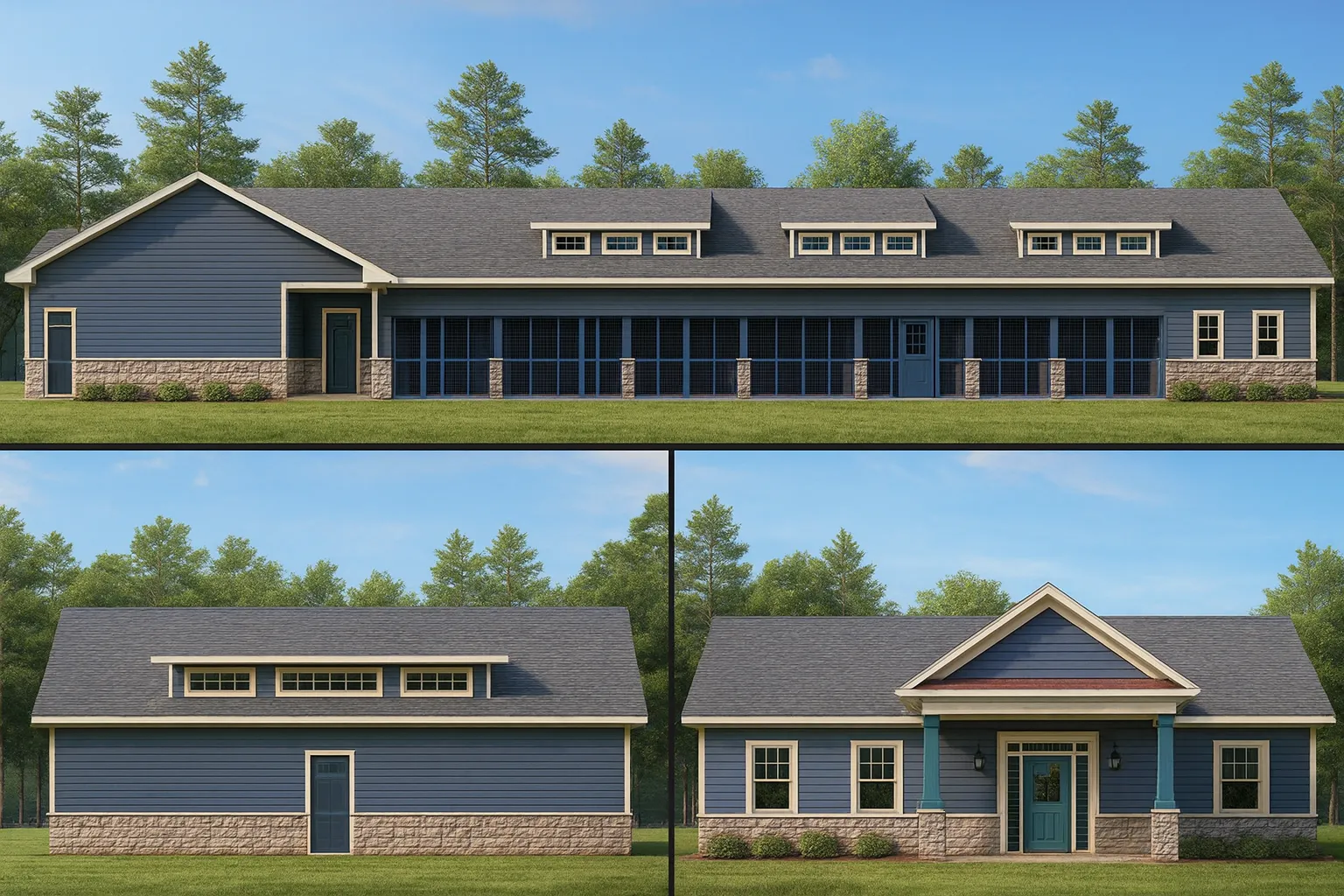 Colonial House Plans 11 Front elevation of a Traditional Ranch style commercial building with horizontal lap siding, stone wainscoting, dormer windows, and long single-story layout