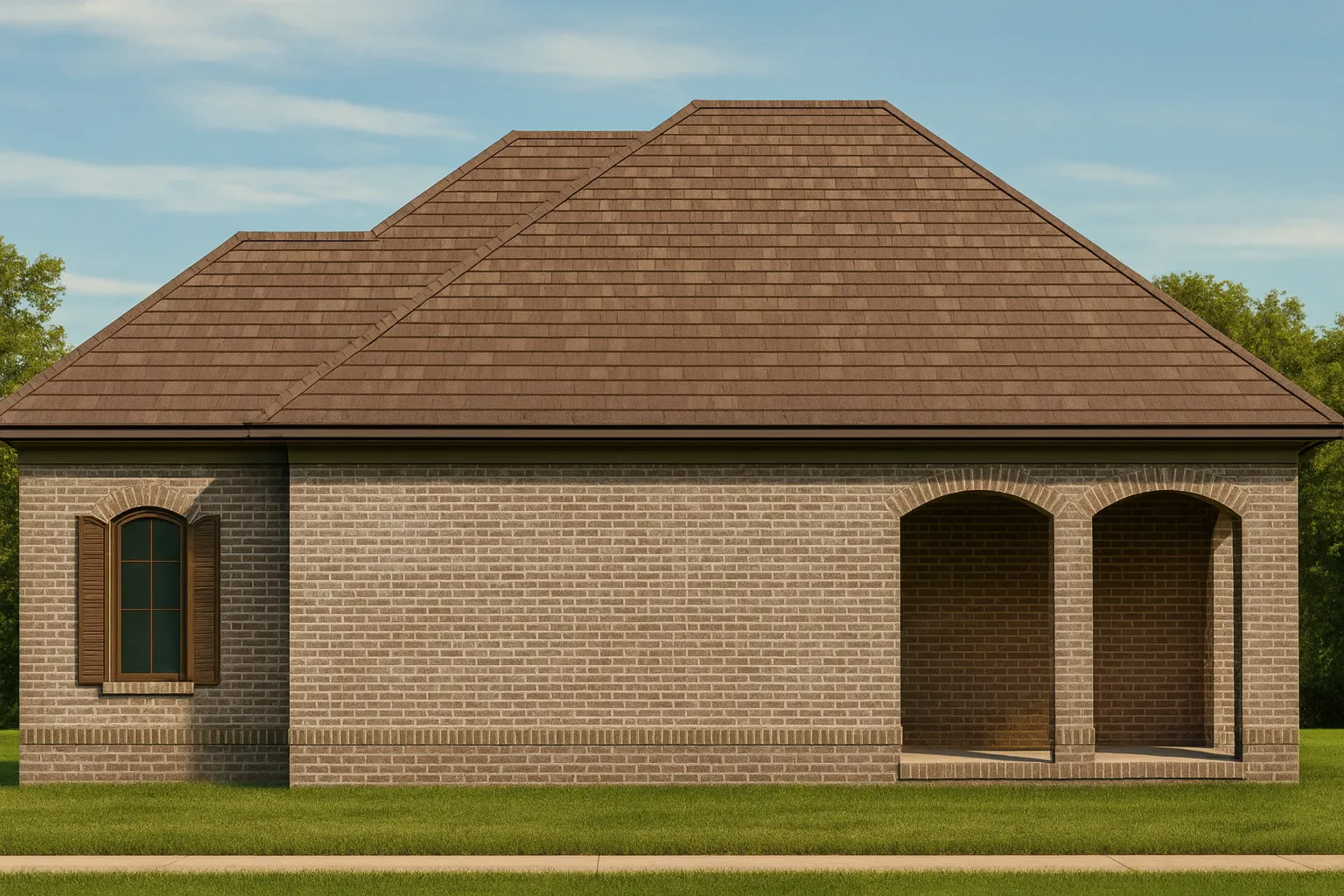Side elevation of a Traditional Brick Ranch style home featuring uniform brick exterior, hip roof, and arched porch openings