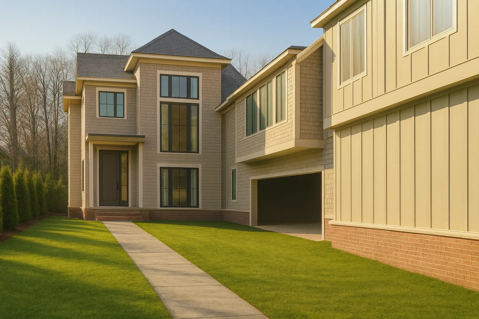 Front exterior of a New American Modern Traditional house featuring brick masonry, board-and-batten siding, tall windows, and a refined suburban design