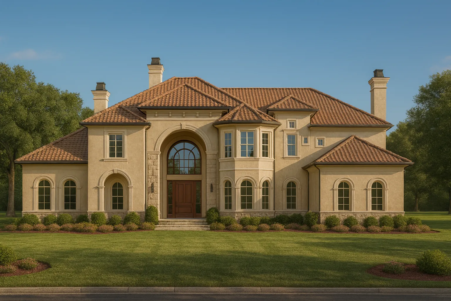 Front elevation of a luxury Mediterranean Neo-Classical home featuring a symmetrical façade, stucco exterior, arched windows, and clay tile roof