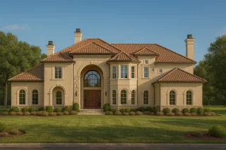 Front elevation of a Tuscan Mediterranean style home featuring stucco walls, arched windows, and a clay tile roof