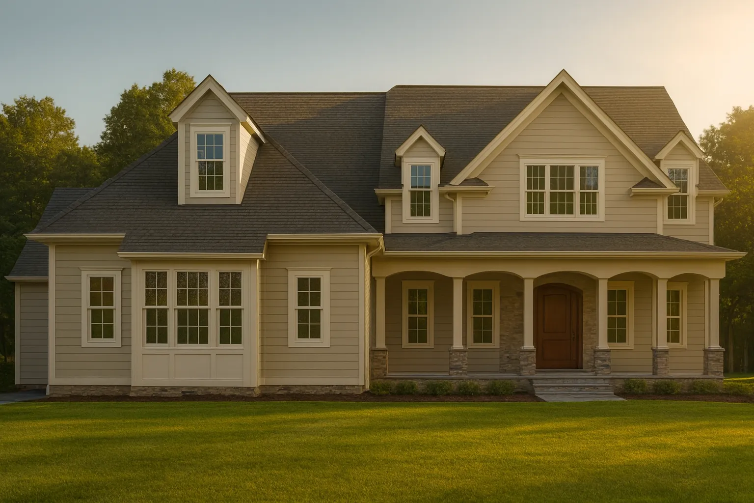 Front elevation of a New American modern traditional two-story home with white horizontal lap siding, stone-accent covered porch, multiple gables, and a centered entry.