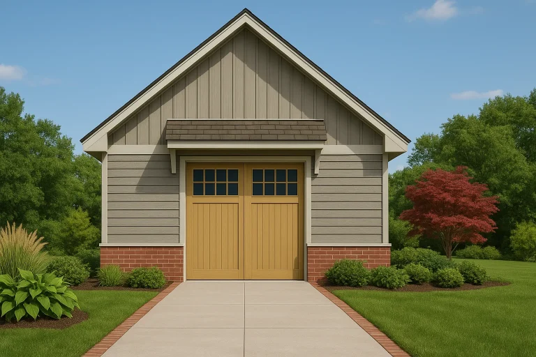 Front elevation of a Craftsman Cottage style detached garage featuring board and batten siding, brick foundation, and gabled roof