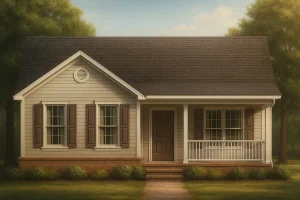 Front view of a Traditional Ranch Cottage home featuring horizontal siding, brick foundation, and a welcoming covered porch with classic columns