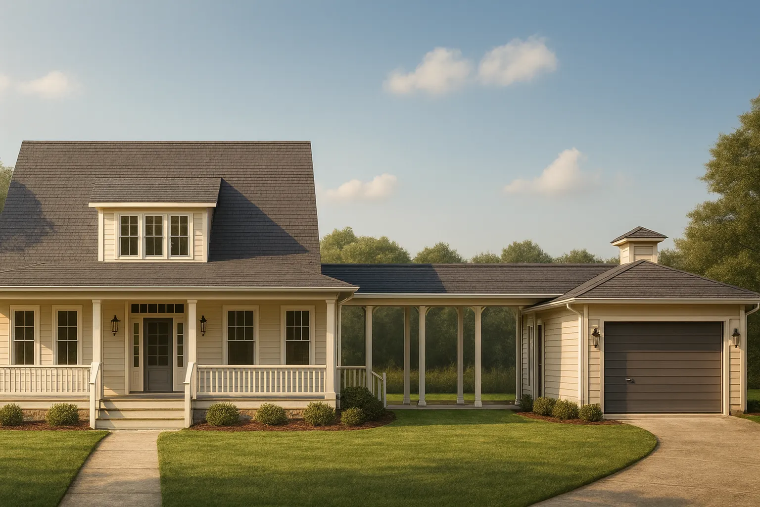 Front view of a Colonial Farmhouse with horizontal siding, covered porch, breezeway, and detached two-car garage under a clear blue sky