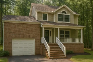 Front elevation of a Traditional Colonial style home featuring red brick and horizontal siding, an inviting covered porch, and upper gable windows.