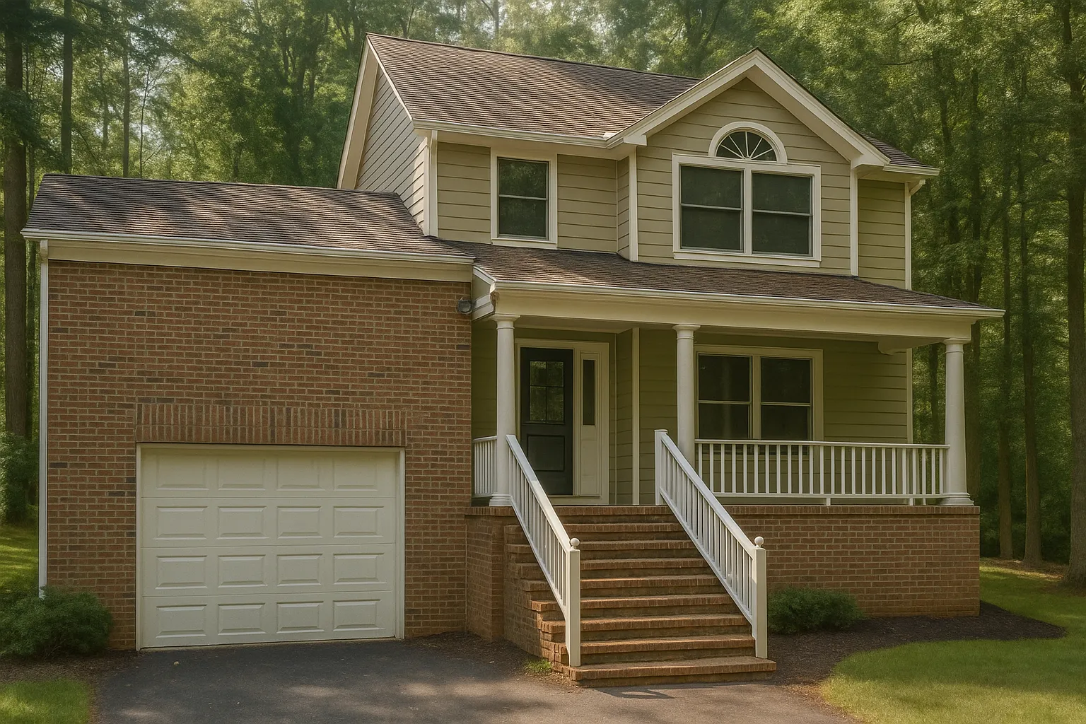 Front elevation of a Traditional Colonial style home featuring red brick and horizontal siding, an inviting covered porch, and upper gable windows.