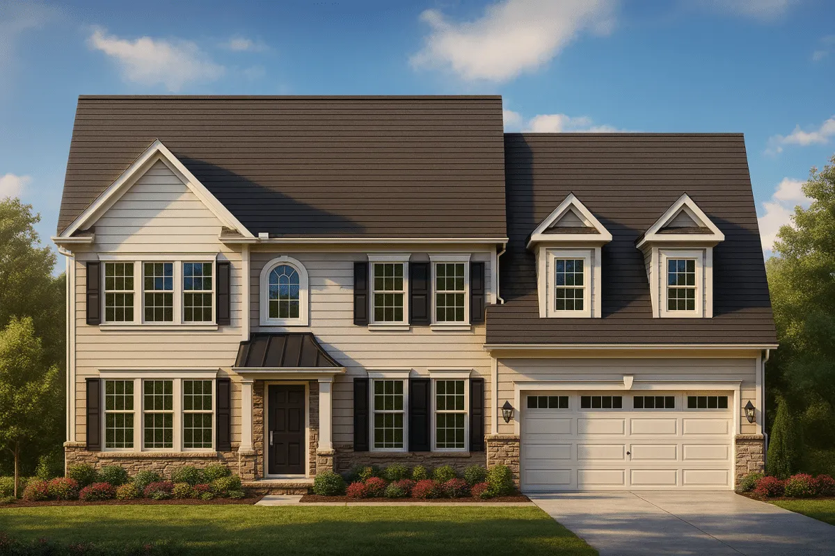 Front view of a Traditional Colonial style home featuring horizontal lap siding, stone foundation detailing, black shutters, and a symmetrical façade with a gable roof and dormer windows.