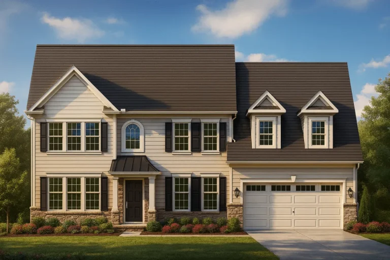 House Plans with Basement Garage 10 Front view of a Traditional Colonial style home featuring horizontal lap siding, stone foundation detailing, black shutters, and a symmetrical façade with a gable roof and dormer windows.