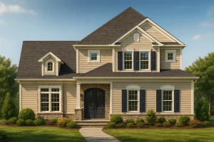 Front elevation of a Traditional Colonial style home featuring light-toned horizontal siding, dark shutters, stone accents, and a symmetrical entry design.