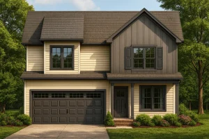 Front view of a Modern Farmhouse style home featuring a blend of horizontal lap and board and batten siding, dark trim accents, and a two-car garage.
