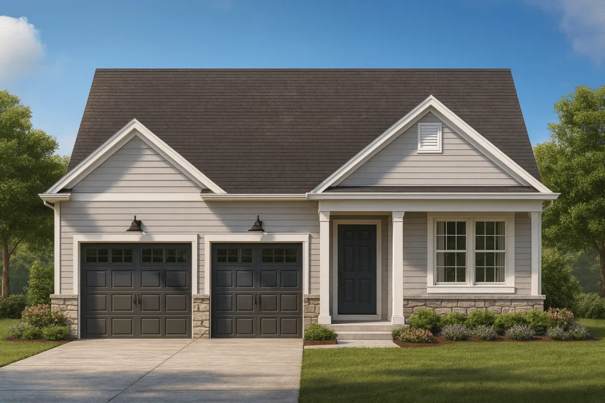 Front view of a Traditional Ranch style home featuring gray horizontal lap siding, stone accents, and a two-car garage under a symmetrical gable roofline