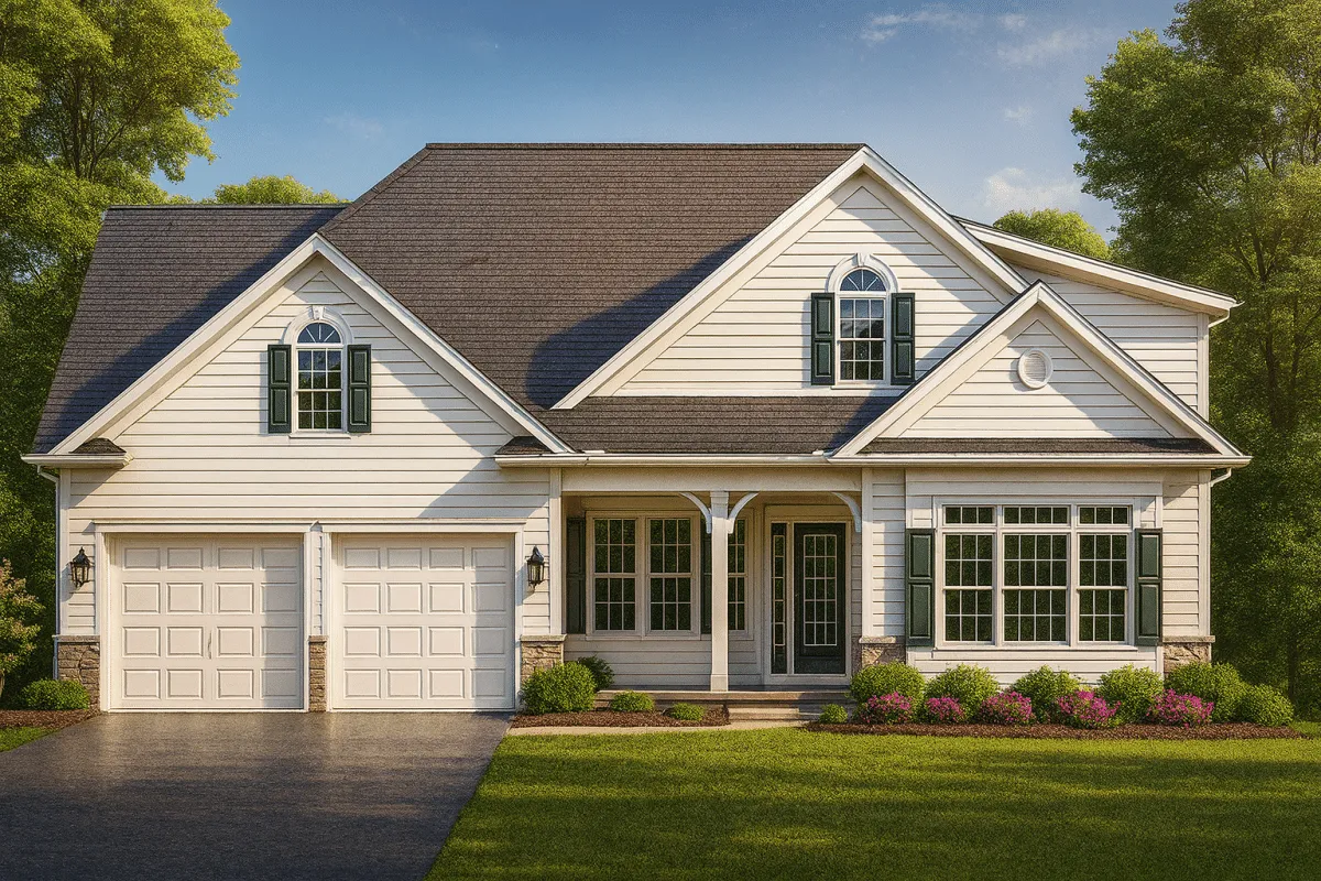 Front elevation of a Traditional Colonial style home featuring horizontal siding, stone accents, double gables, and a covered entry porch with symmetrical windows.