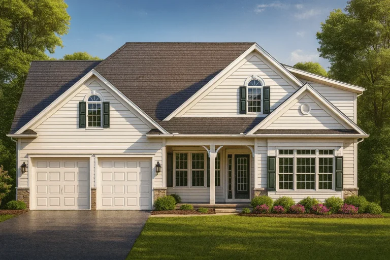 House Plans with Basement Garage 13 Front elevation of a Traditional Colonial style home featuring horizontal siding, stone accents, double gables, and a covered entry porch with symmetrical windows.