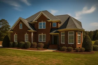 Front elevation of a Traditional Colonial style home featuring a full brick exterior, symmetrical façade, and gabled rooflines under a clear blue sky