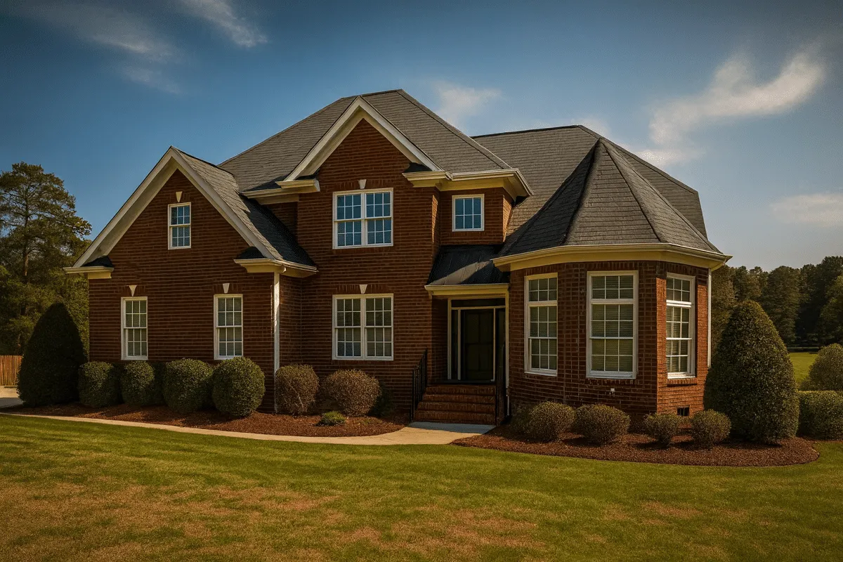 Front elevation of a Traditional Colonial style home featuring a full brick exterior, symmetrical façade, and gabled rooflines under a clear blue sky