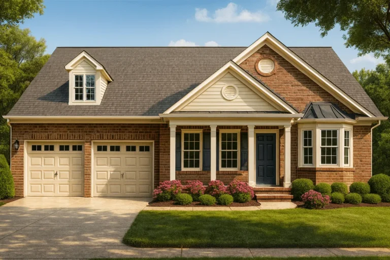 House Plans with Basement Garage 11 Front view of a Traditional Colonial style home with red brick and horizontal siding, featuring symmetrical windows and a welcoming covered entryway.