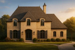 Luxury House Plans 3 Front view of a French Provincial style home with a brick exterior, steep hip roof, and symmetrical façade featuring arched windows and classic detailing.