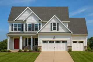 Front elevation of a Traditional Colonial style home featuring horizontal lap siding, stone wainscoting, and a welcoming covered entry with symmetrical windows and dormers.