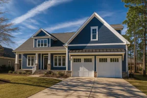 Luxury House Plans 10 Front view of a Craftsman Modern Farmhouse featuring blue horizontal siding, stone base, white trim, and double garage under a clear sky